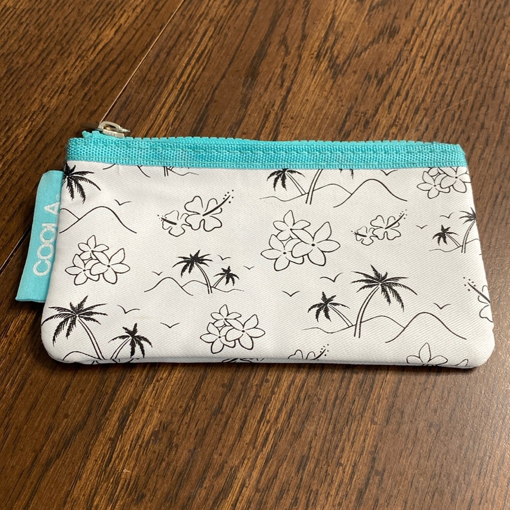 “5/$20” COOLA blue black and white tropical themed small zipper bag